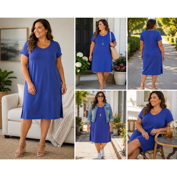 Susan Graver Dresses & Skirts - Susan Graver Everyday Liquid Knit Blue Short Sleeve Midi Dress Plus Size 3X